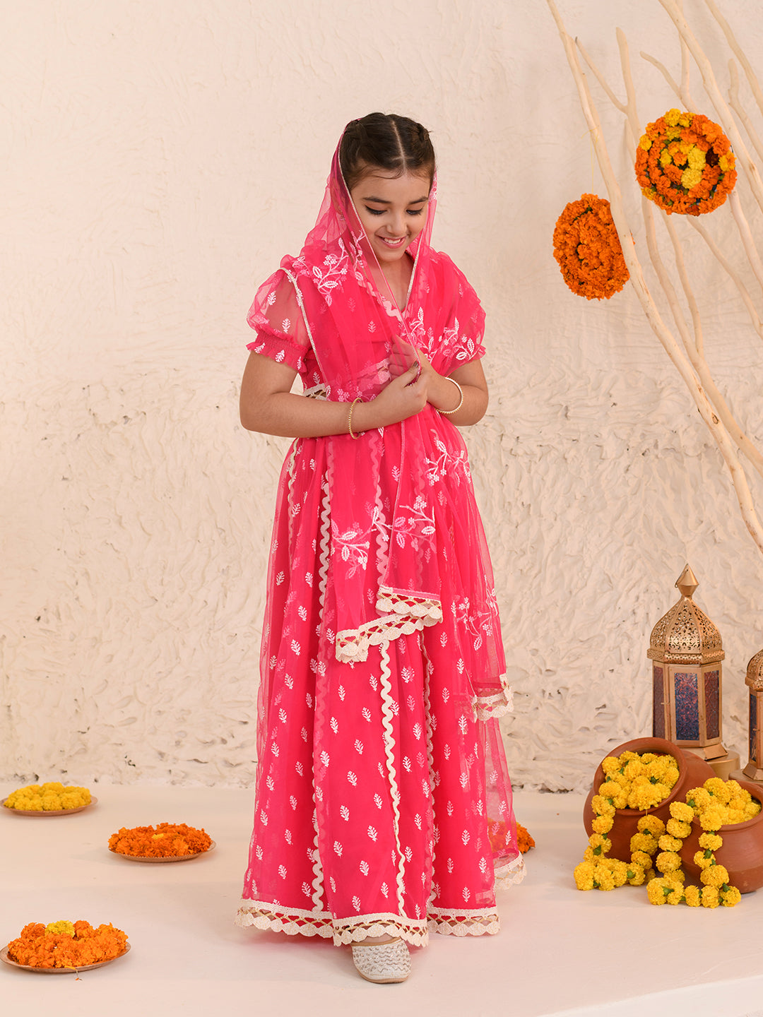 Girls Embroidered Thread Work Ready to Wear Lehenga & Blouse With Dupatta (L-MAGENTAWTBOOTI)