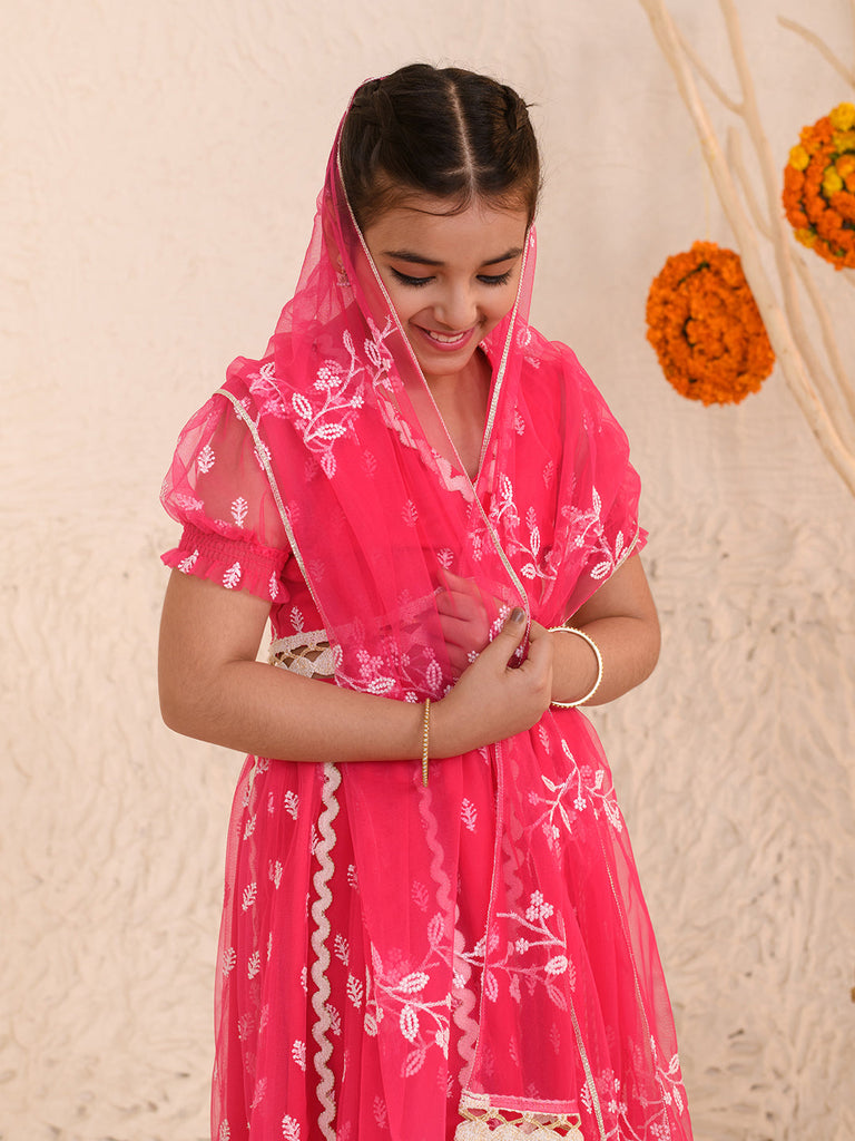 Girls Embroidered Thread Work Ready to Wear Lehenga & Blouse With Dupatta (L-MAGENTAWTBOOTI)