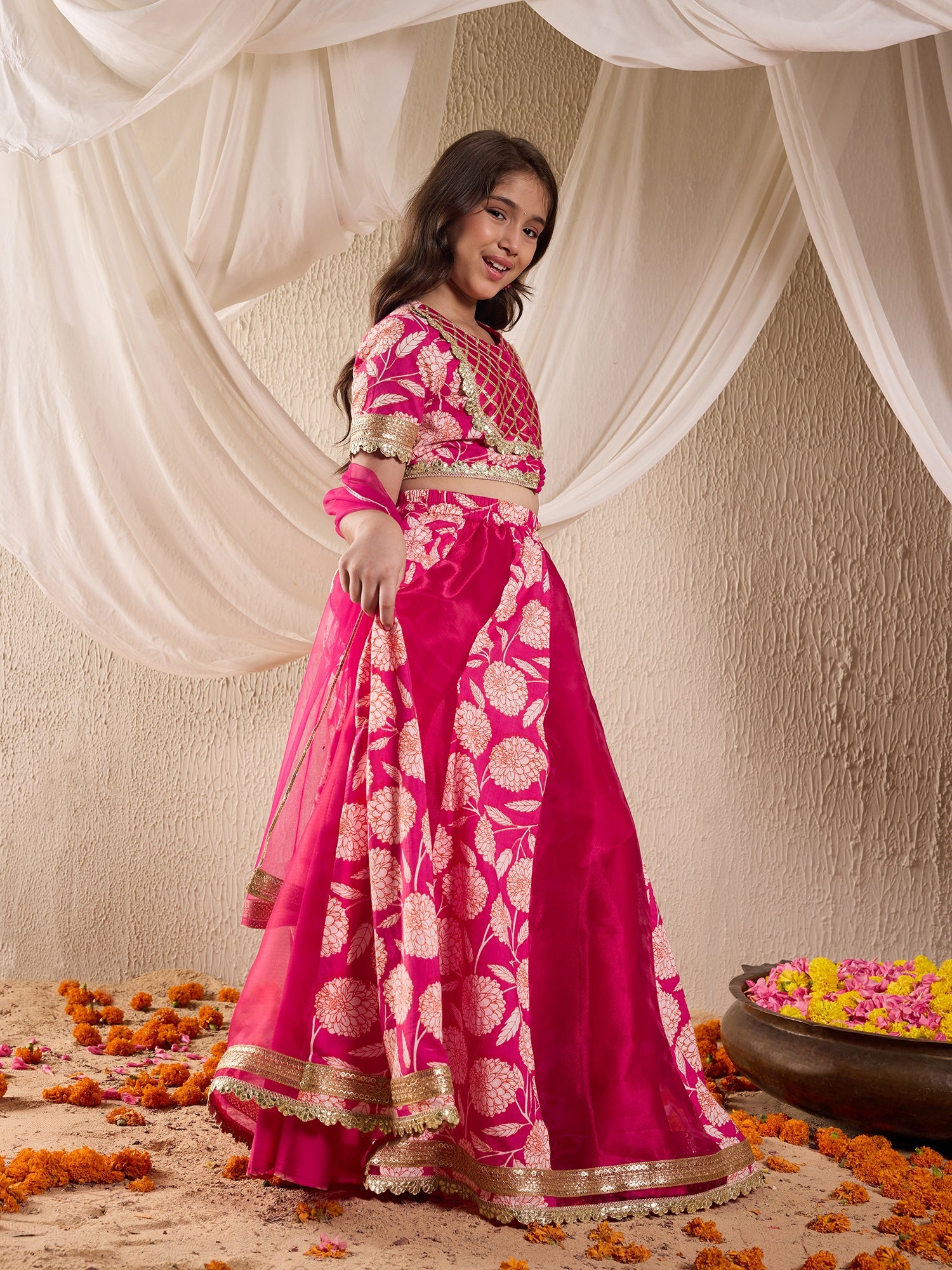 Girls Printed Ready To Wear Lehenga Blouse With Dupatta (L-MGORGANZAPANEL)