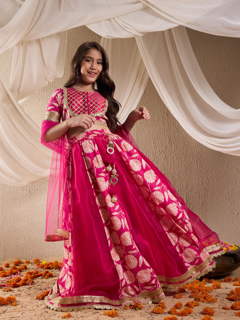 Girls Printed Ready To Wear Lehenga Blouse With Dupatta (L-MGORGANZAPANEL)