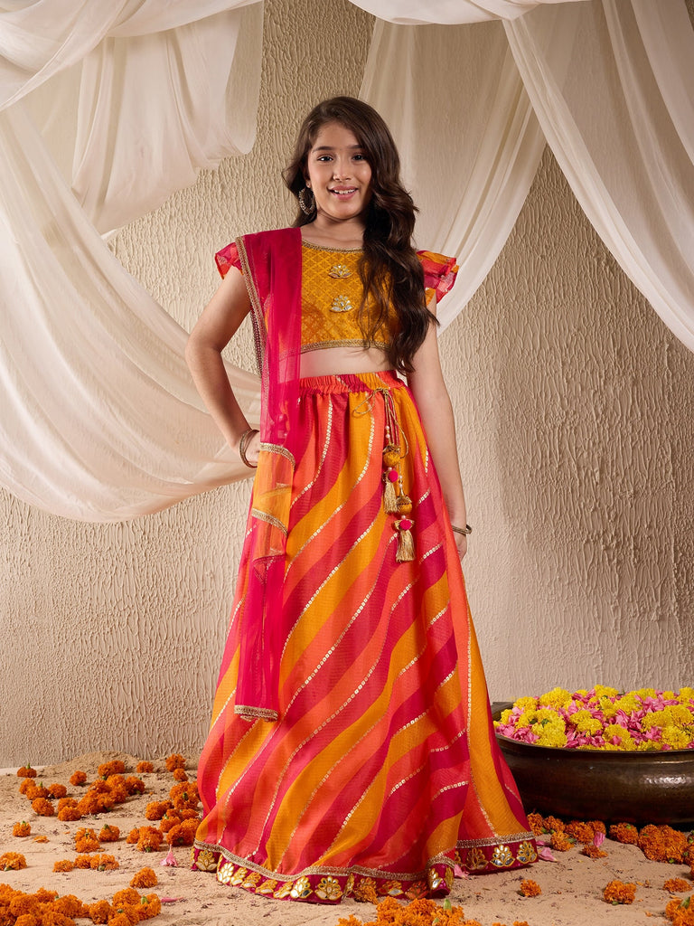 Pspeaches Girls Cotton Blend Sleeveless Round Neck Gota Pati Embellished Lehenga Choli Set with Dupatta for Girls (L-MULTIKOTAFOIL)