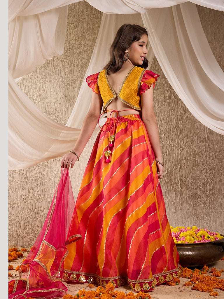 Pspeaches Girls Cotton Blend Sleeveless Round Neck Gota Pati Embellished Lehenga Choli Set with Dupatta for Girls (L-MULTIKOTAFOIL)