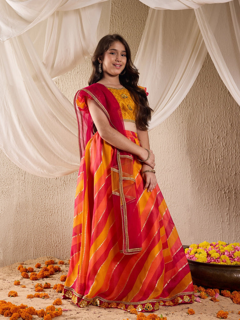Pspeaches Girls Cotton Blend Sleeveless Round Neck Gota Pati Embellished Lehenga Choli Set with Dupatta for Girls (L-MULTIKOTAFOIL)