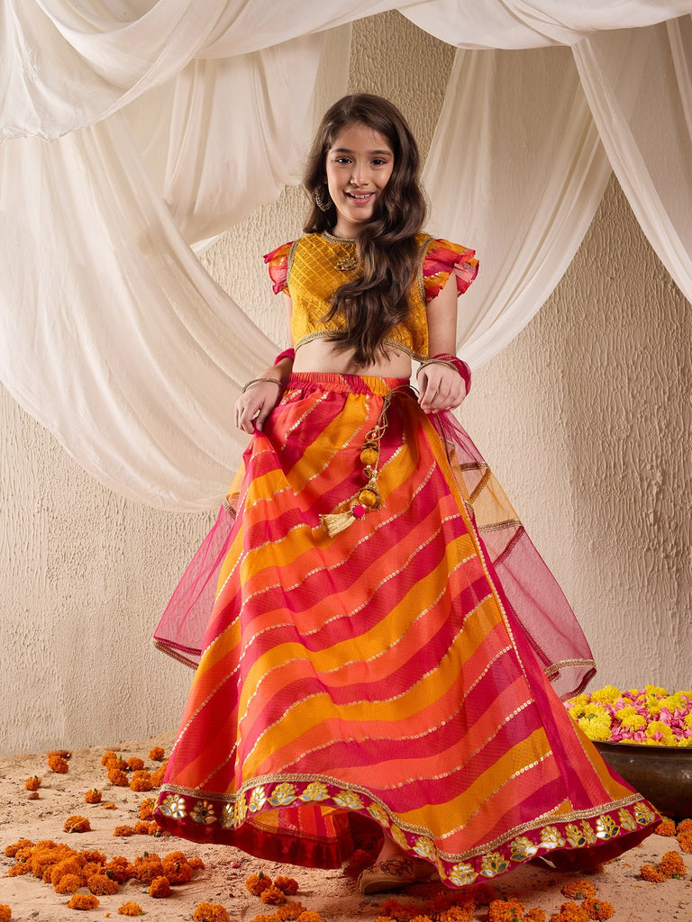 Pspeaches Girls Cotton Blend Sleeveless Round Neck Gota Pati Embellished Lehenga Choli Set with Dupatta for Girls (L-MULTIKOTAFOIL)