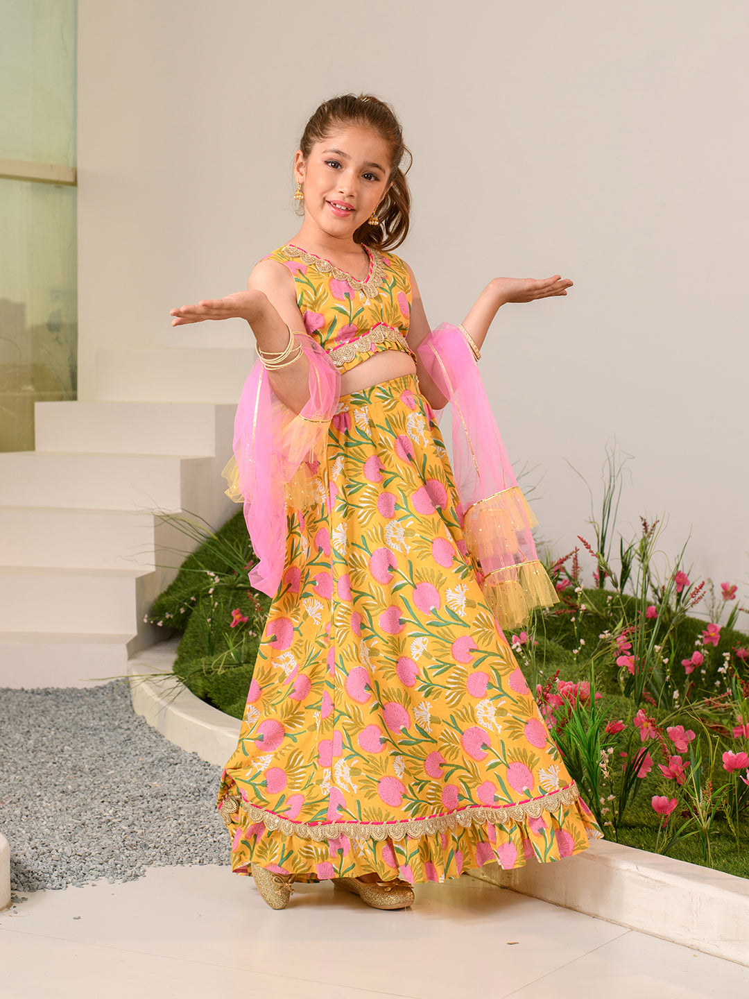 Girls Printed Sequinned Ready to Wear Lehenga Choli With Dupatta (L-MUSTARDPINKFLOWER)