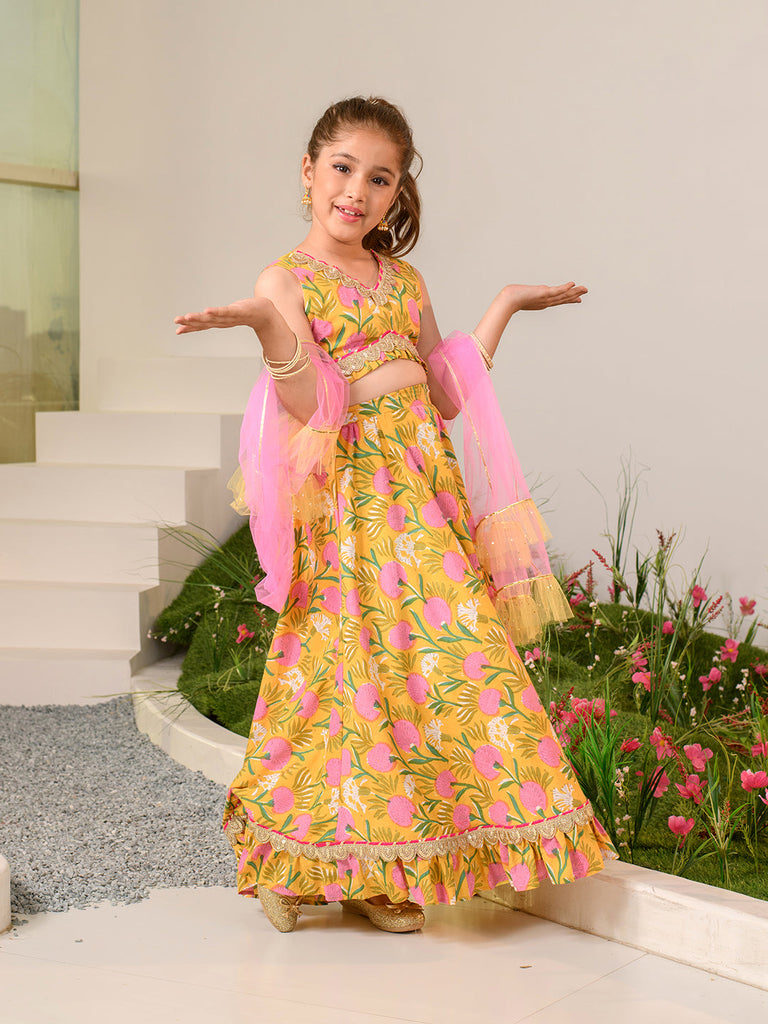 Girls Printed Sequinned Ready to Wear Lehenga Choli With Dupatta (L-MUSTARDPINKFLOWER)