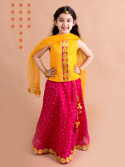 Girls Magenta & Yellow Embroidered Ready to Wear Lehenga & Blouse With Dupatta (L-Magentapatra)