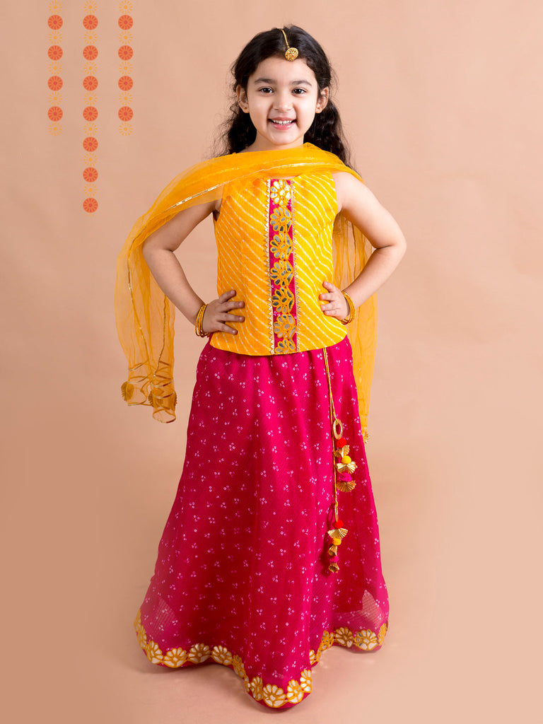 Girls Magenta & Yellow Embroidered Ready to Wear Lehenga & Blouse With Dupatta (L-Magentapatra)