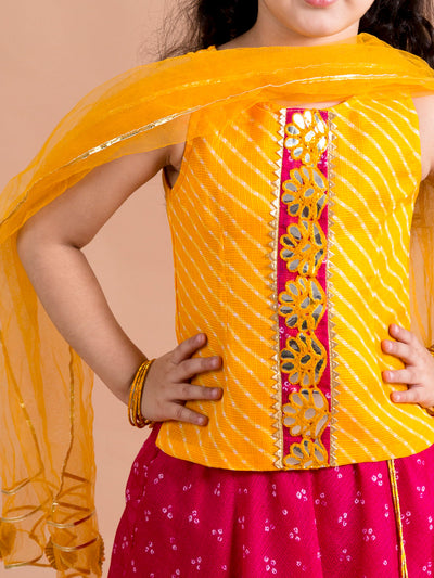Girls Magenta & Yellow Embroidered Ready to Wear Lehenga & Blouse With Dupatta (L-Magentapatra)