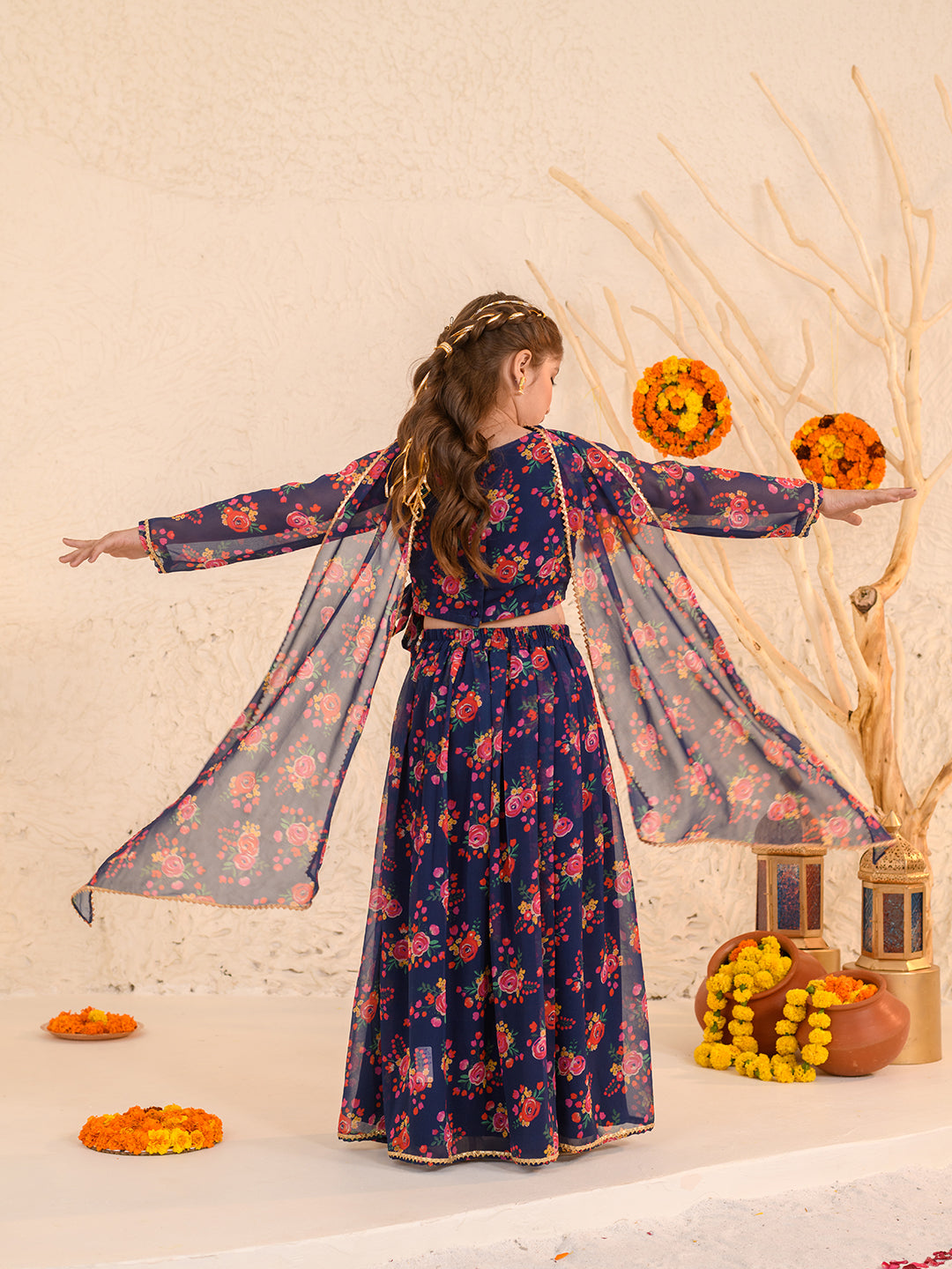Girls Printed Ready to Wear Lehenga & Blouse With Dupatta (L-NAVYMULTI)