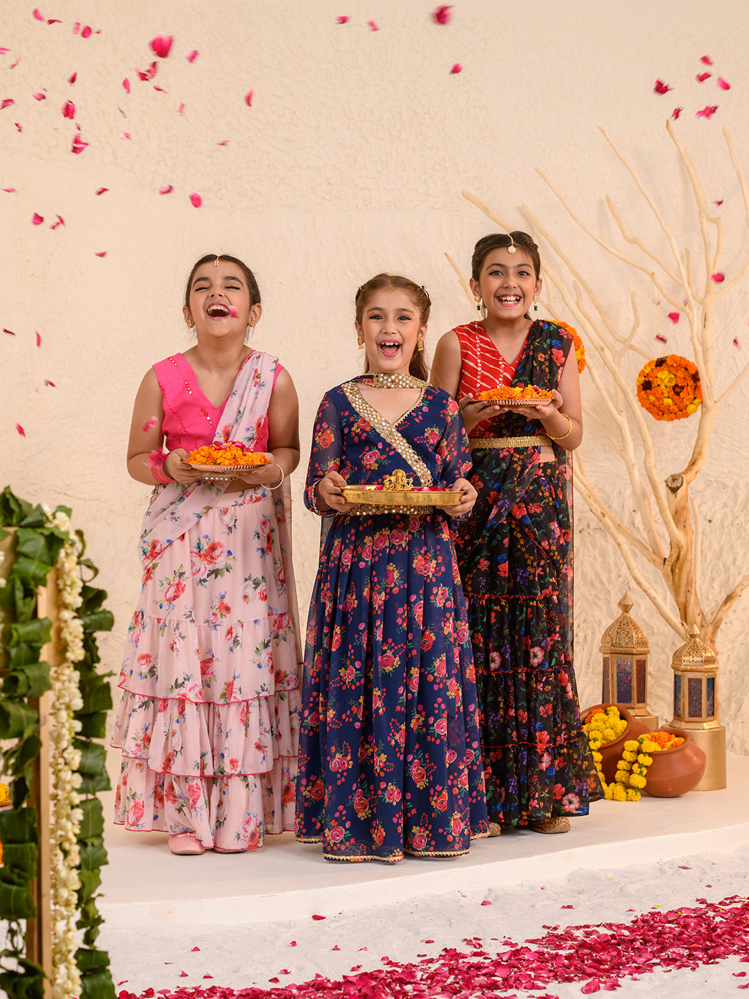 Girls Printed Ready to Wear Lehenga & Blouse With Dupatta (L-NAVYMULTI)