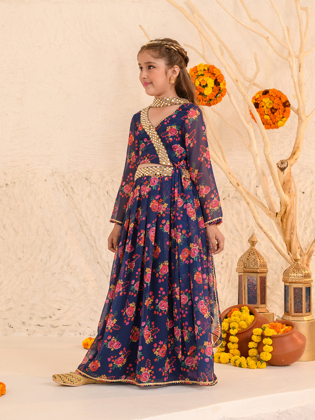 Girls Printed Ready to Wear Lehenga & Blouse With Dupatta (L-NAVYMULTI)