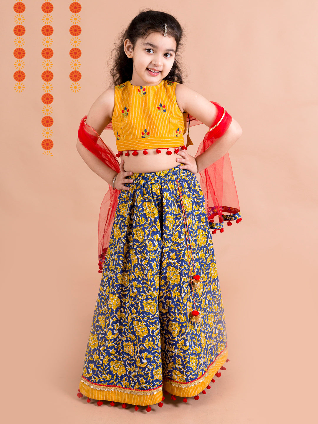 Girls Navy Blue & Yellow Cotton Ready to Wear Lehenga & Blouse With Dupatta (L-Navyjaal)