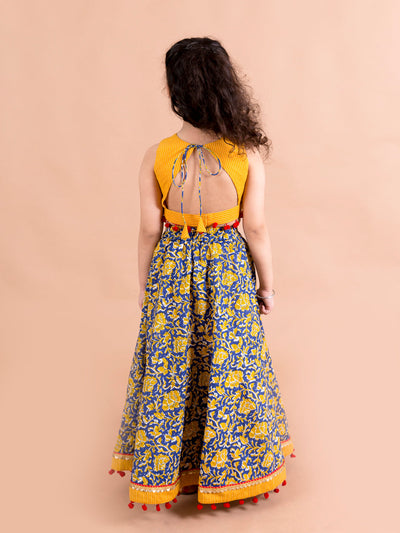 Girls Navy Blue & Yellow Cotton Ready to Wear Lehenga & Blouse With Dupatta (L-Navyjaal)