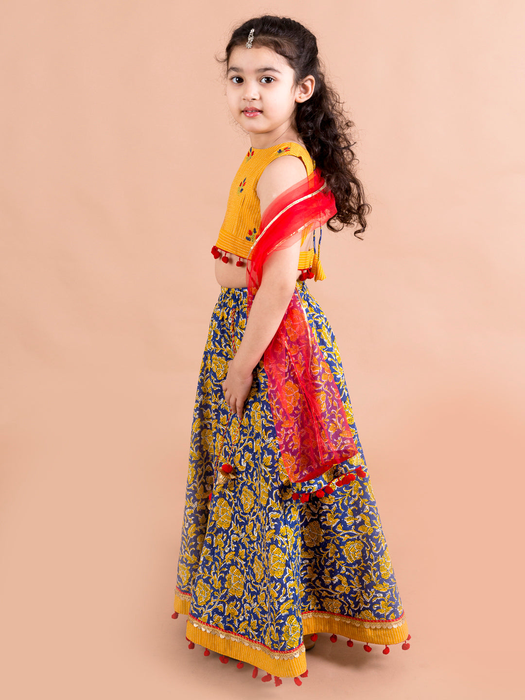 Girls Navy Blue & Yellow Cotton Ready to Wear Lehenga & Blouse With Dupatta (L-Navyjaal)