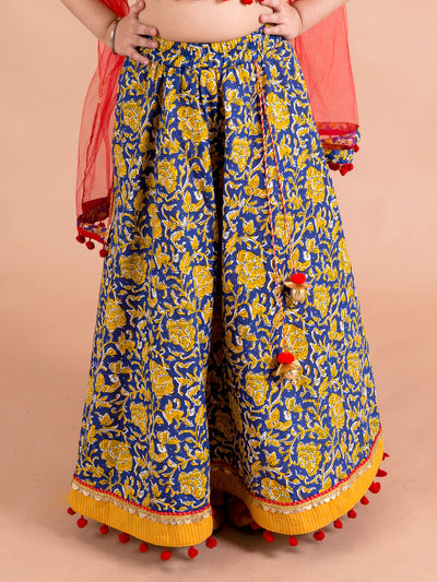 Girls Navy Blue & Yellow Cotton Ready to Wear Lehenga & Blouse With Dupatta (L-Navyjaal)