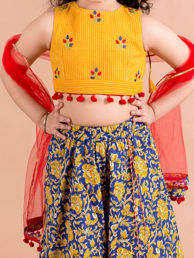 Girls Navy Blue & Yellow Cotton Ready to Wear Lehenga & Blouse With Dupatta (L-Navyjaal)