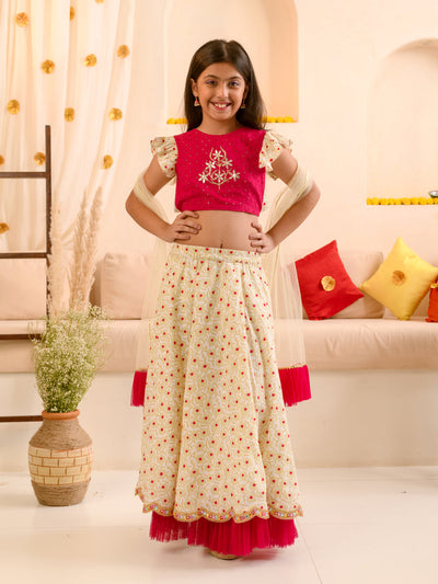 Girls Embroidered Thread Work Ready to Wear Lehenga & Blouse With Dupatta (L-OFFWHITEPINKSCHIFFLY)