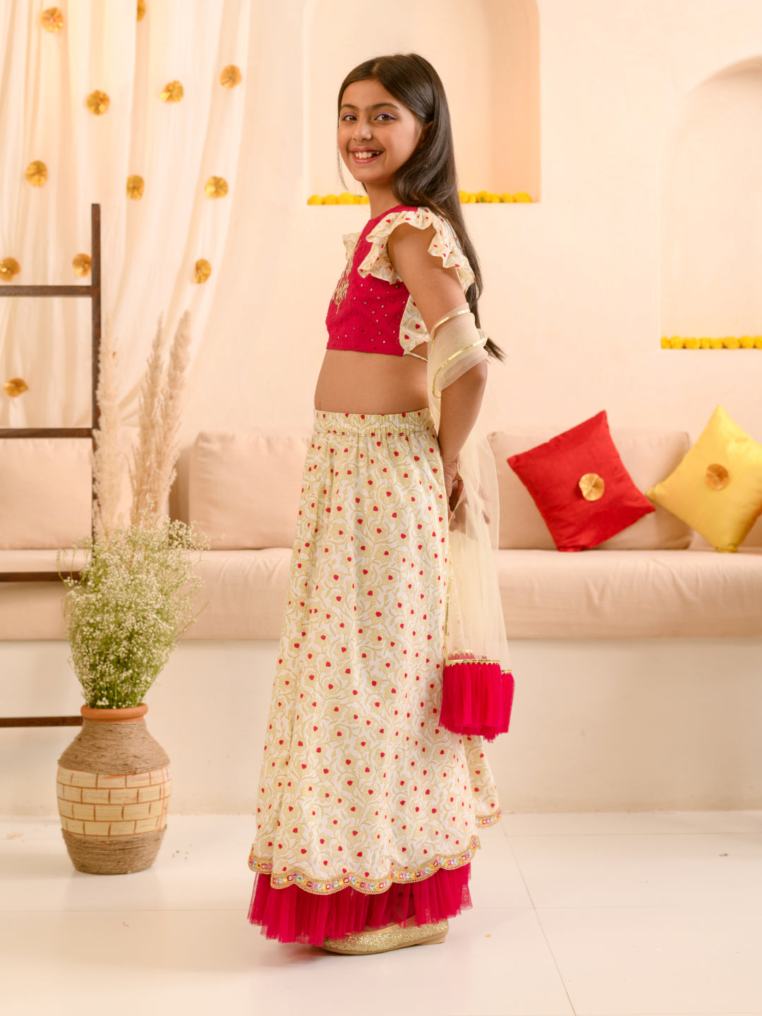 Girls Embroidered Thread Work Ready to Wear Lehenga & Blouse With Dupatta (L-OFFWHITEPINKSCHIFFLY)