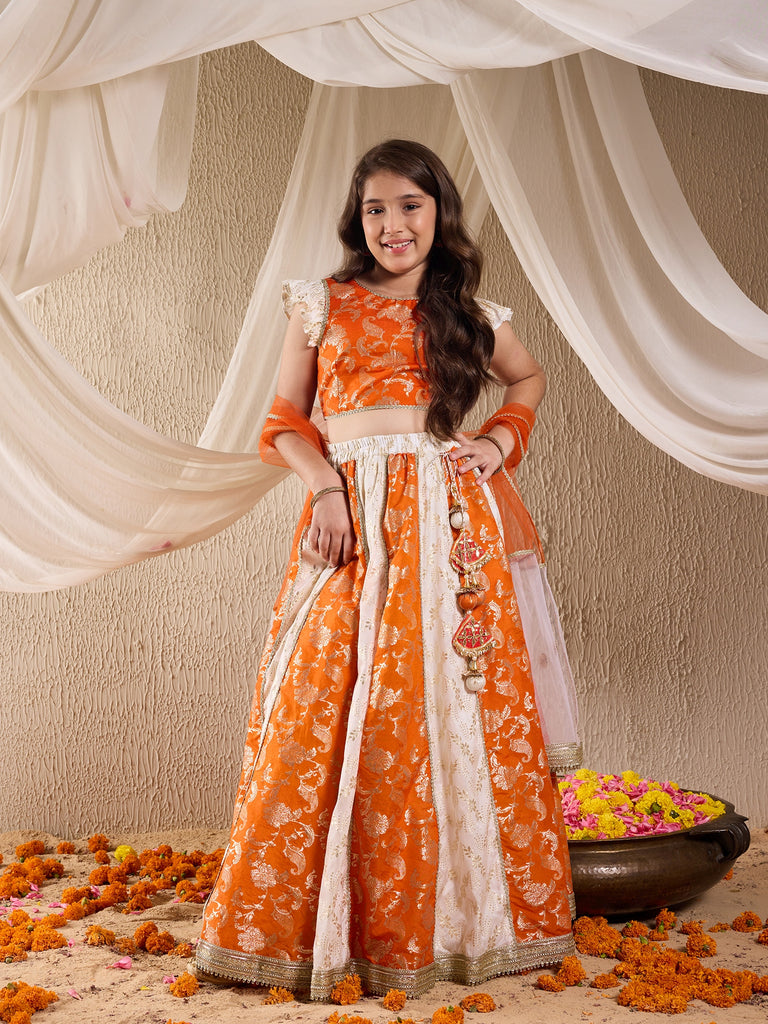 Girls Printed Ready To Wear Lehenga & Blouse With Dupatta (L-ORANGEBROCADE)