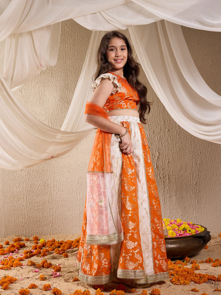 Girls Printed Ready To Wear Lehenga & Blouse With Dupatta (L-ORANGEBROCADE)
