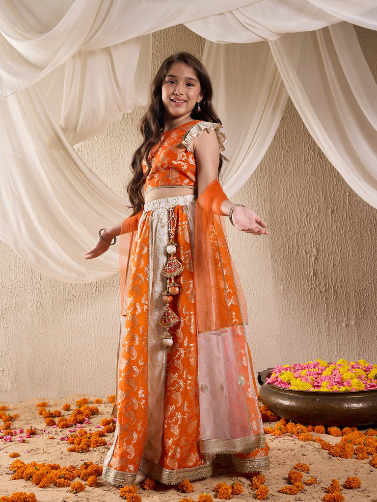 Girls Printed Ready To Wear Lehenga & Blouse With Dupatta (L-ORANGEBROCADE)