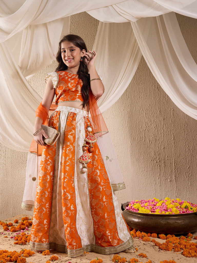 Girls Printed Ready To Wear Lehenga & Blouse With Dupatta (L-ORANGEBROCADE)