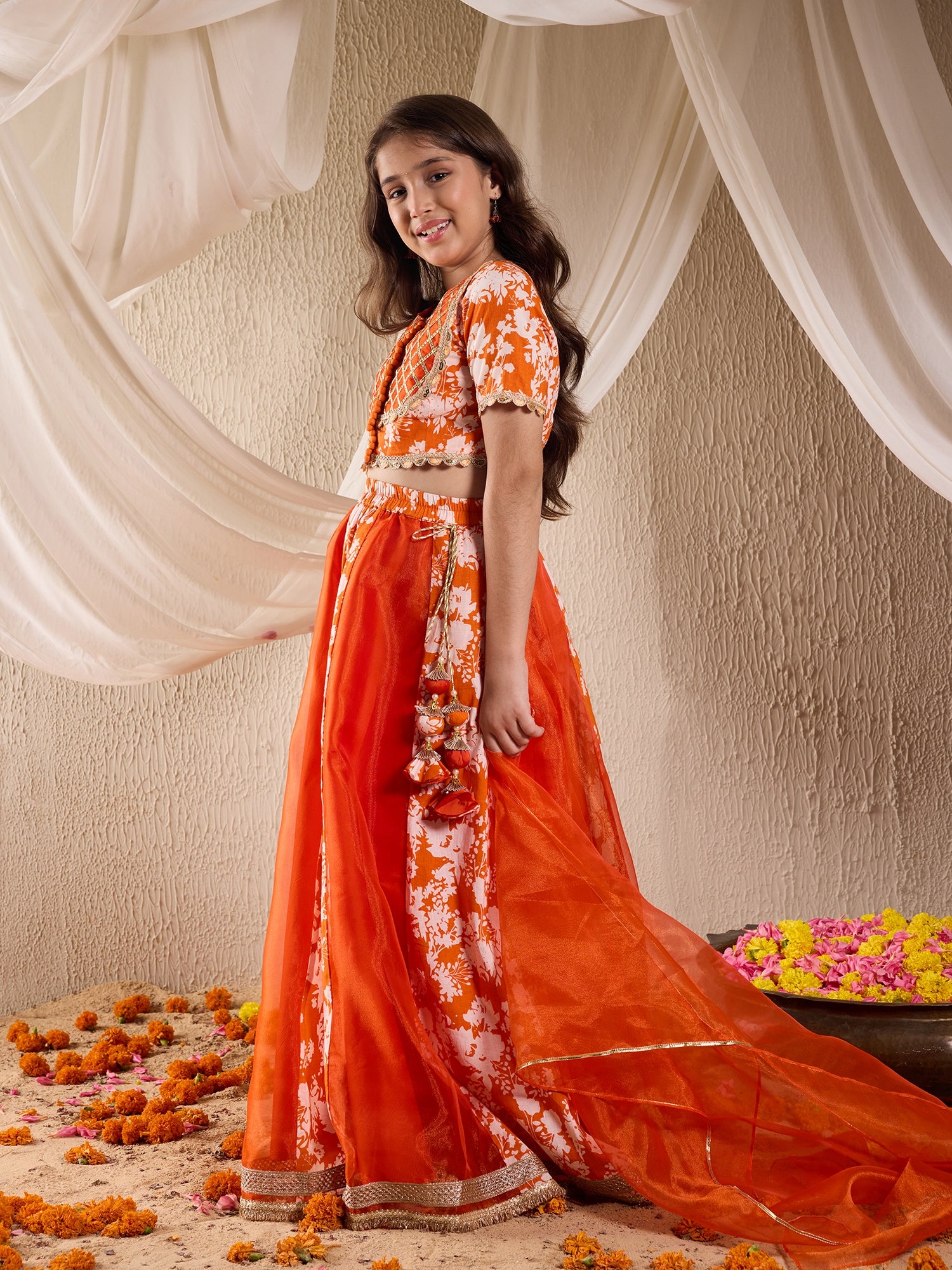 Girls Printed Ready To Wear Lehenga Blouse With Dupatta (L-ORANGEFLORAL)