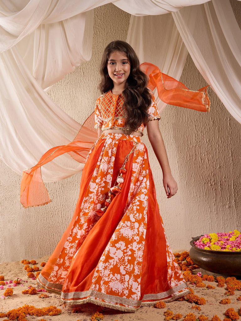 Girls Printed Ready To Wear Lehenga Blouse With Dupatta (L-ORANGEFLORAL)