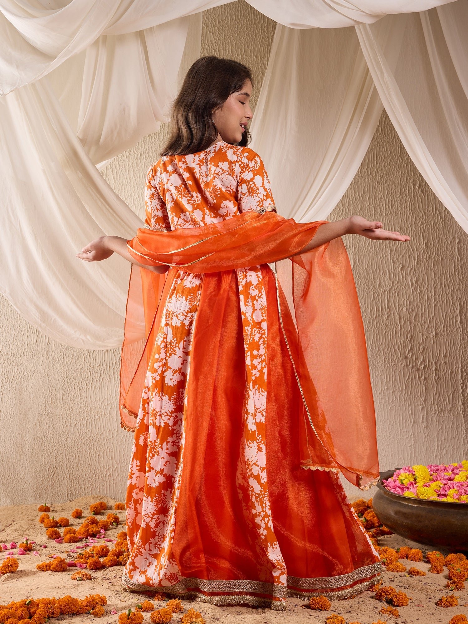 Girls Printed Ready To Wear Lehenga Blouse With Dupatta (L-ORANGEFLORAL)