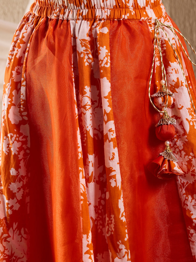 Girls Printed Ready To Wear Lehenga Blouse With Dupatta (L-ORANGEFLORAL)