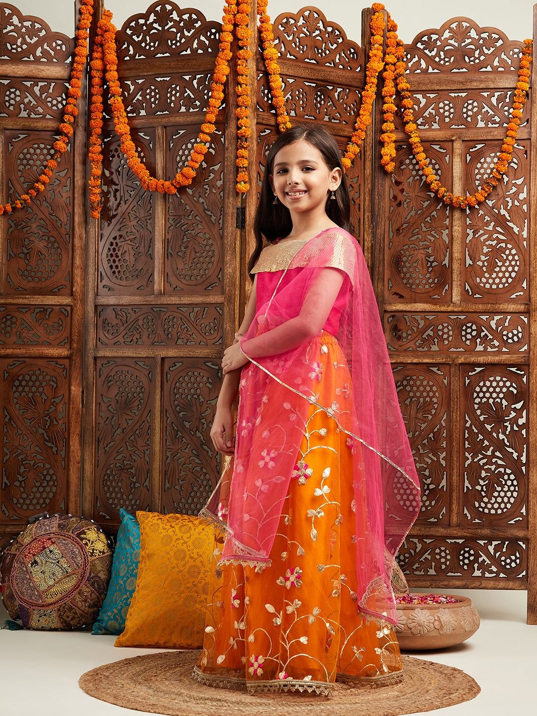 Pspeaches Girls Embellished Sequinned Ready to Wear Lehenga & Blouse With Dupatta (L-ORANGEGOTALACE)