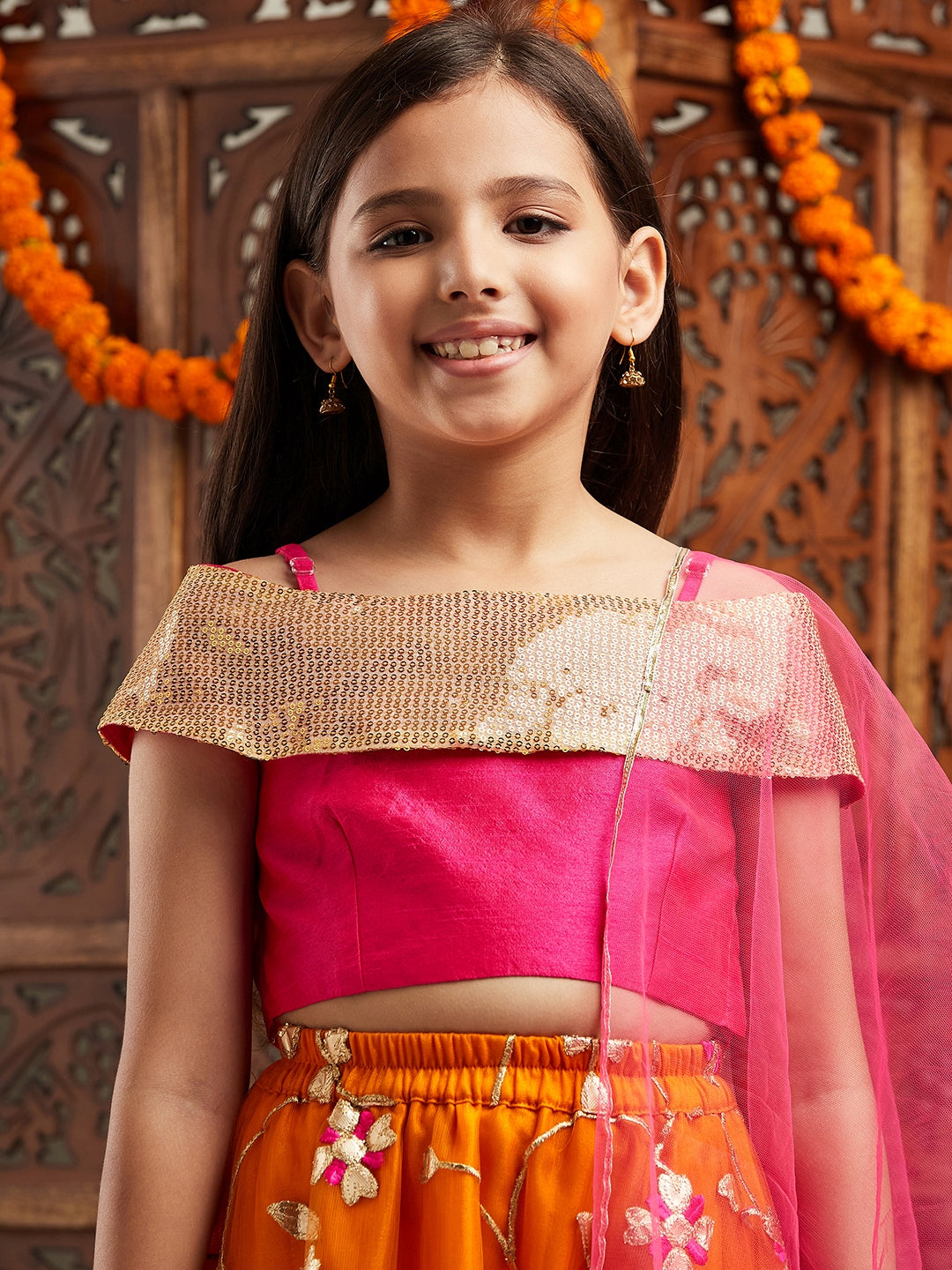 Pspeaches Girls Embellished Sequinned Ready to Wear Lehenga & Blouse With Dupatta (L-ORANGEGOTALACE)