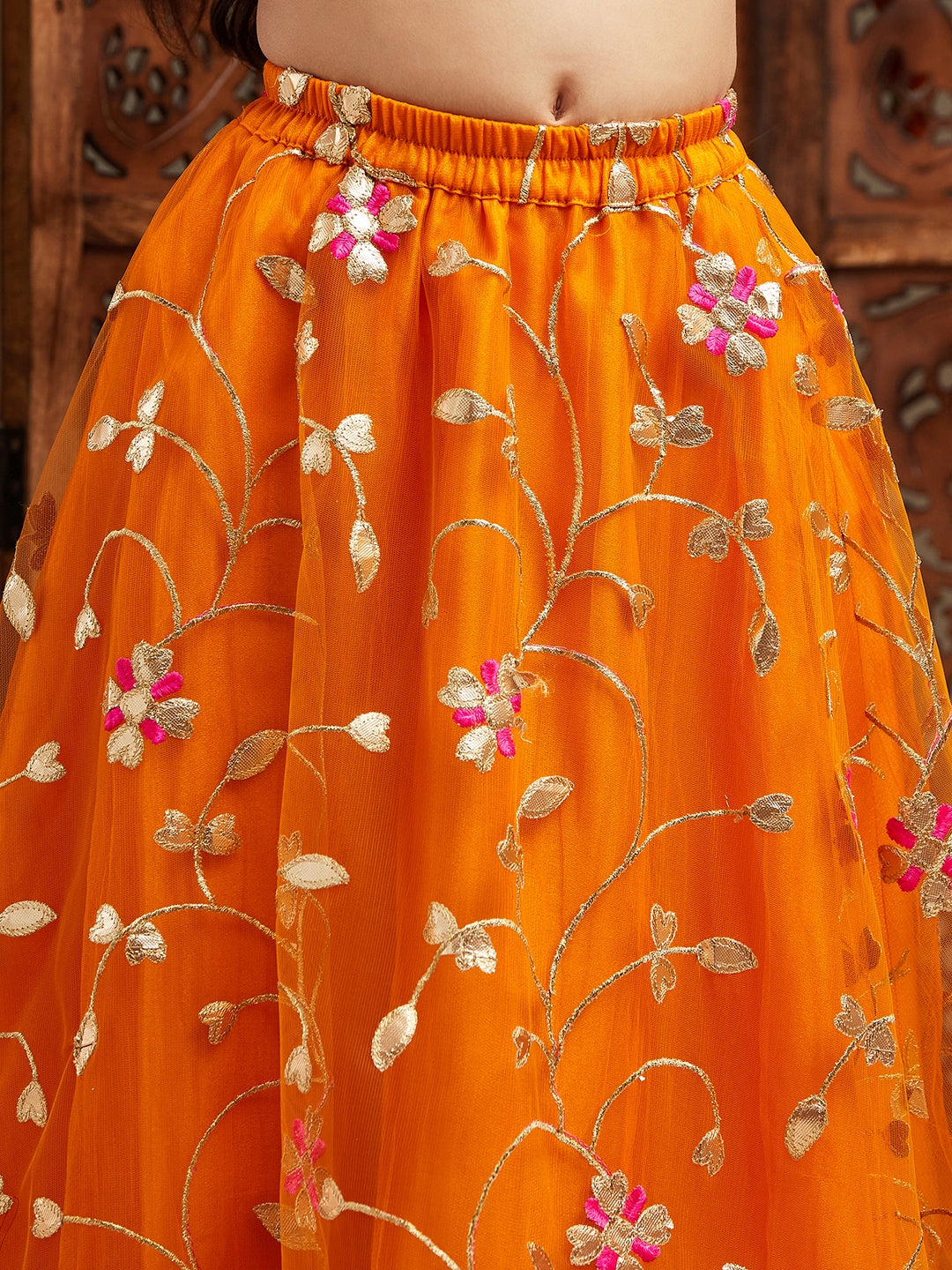 Pspeaches Girls Embellished Sequinned Ready to Wear Lehenga & Blouse With Dupatta (L-ORANGEGOTALACE)