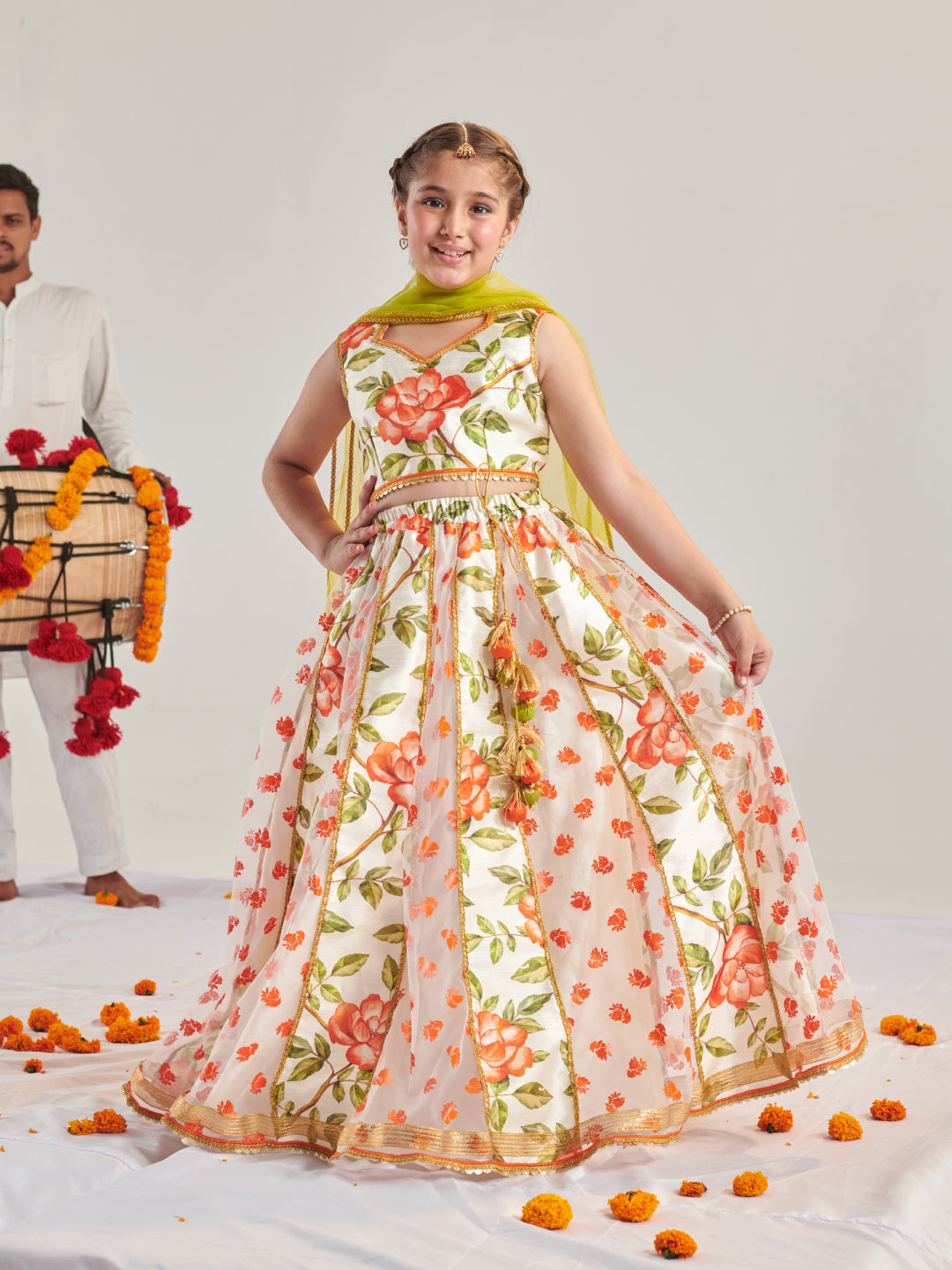 Girls Printed Ready To Wear Lehenga & Blouse With Dupatta (L-ORANGERUBBERPRINT)