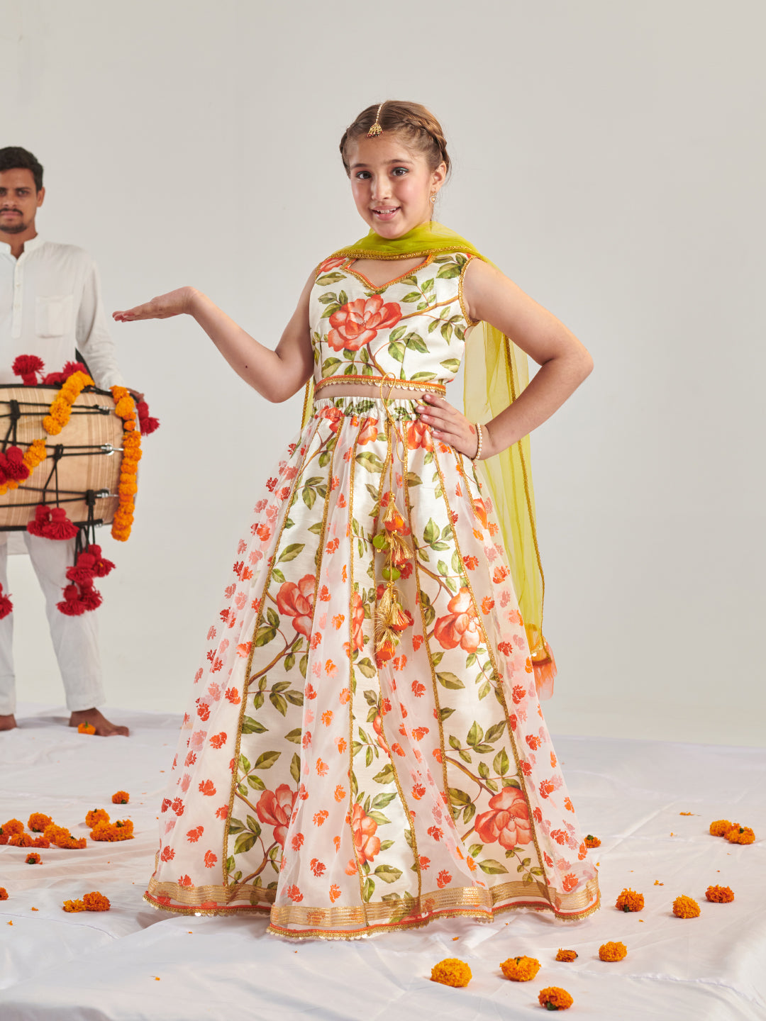Girls Printed Ready To Wear Lehenga & Blouse With Dupatta (L-ORANGERUBBERPRINT)