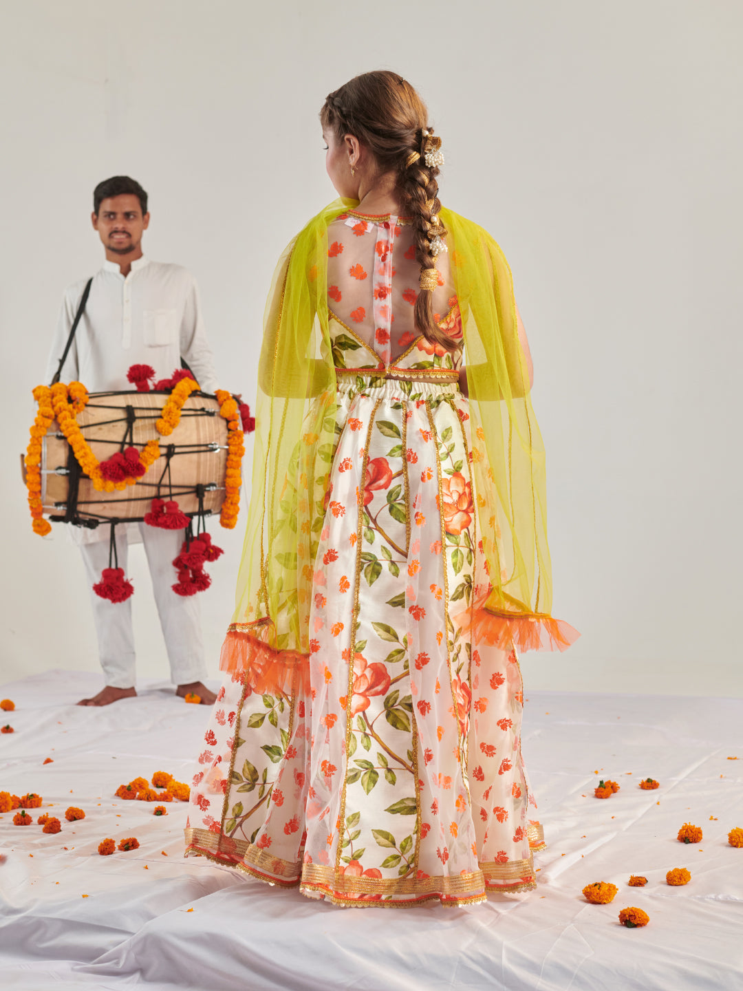 Girls Printed Ready To Wear Lehenga & Blouse With Dupatta (L-ORANGERUBBERPRINT)