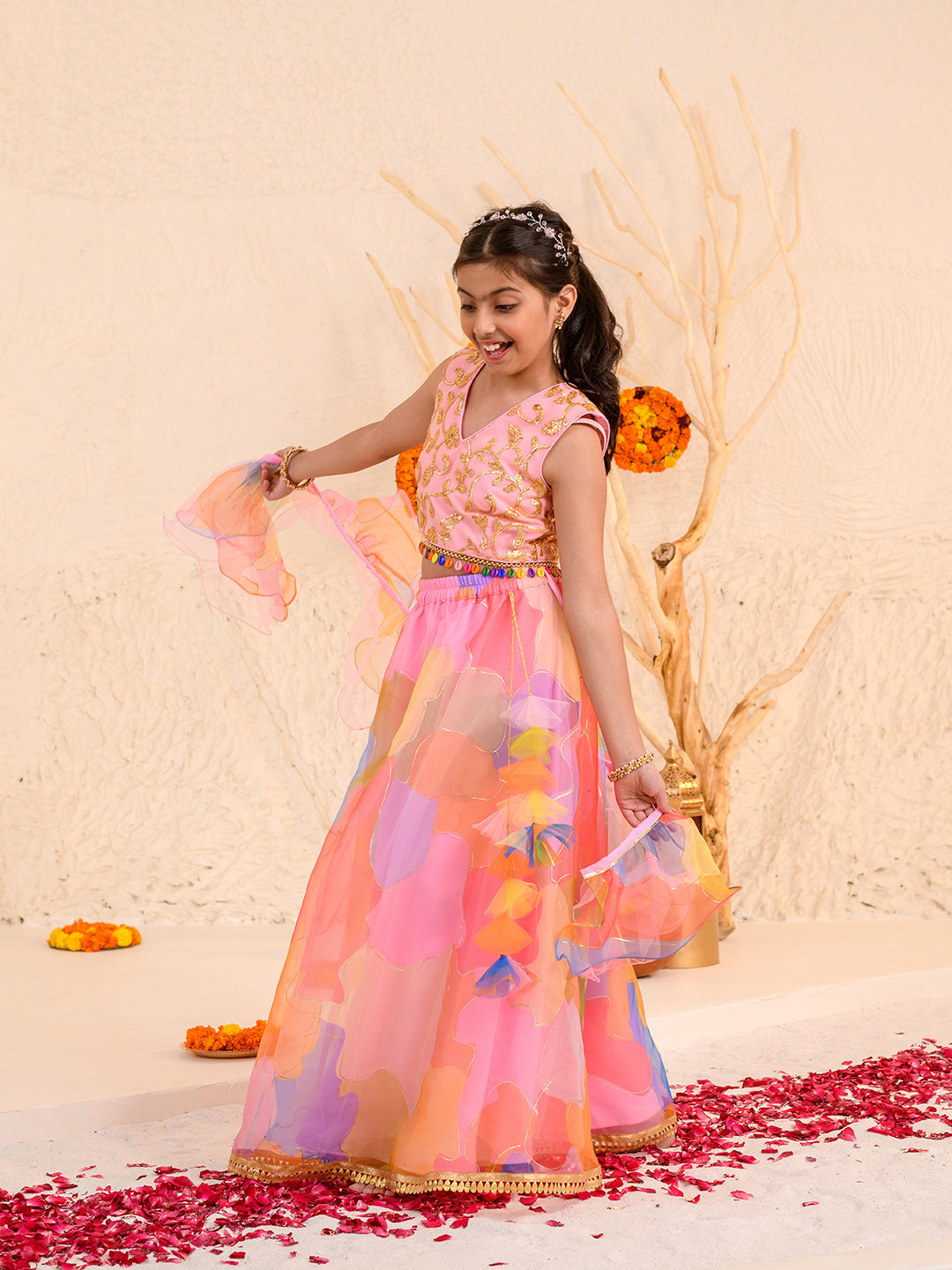Girls Embellished Thread Work Ready to Wear Lehenga & Blouse With Dupatta (L-ORGANZAMULTI)
