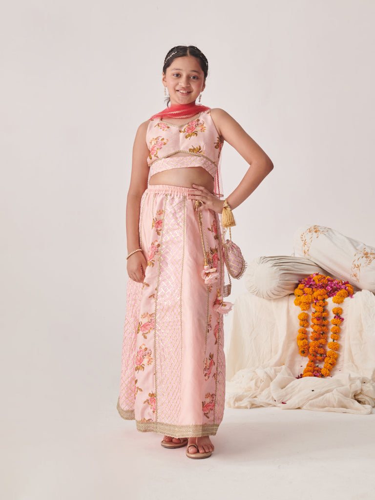 Girls Printed Ready To Wear Lehenga Blouse With Dupatta (L-PEACHDUPIONGOTA)