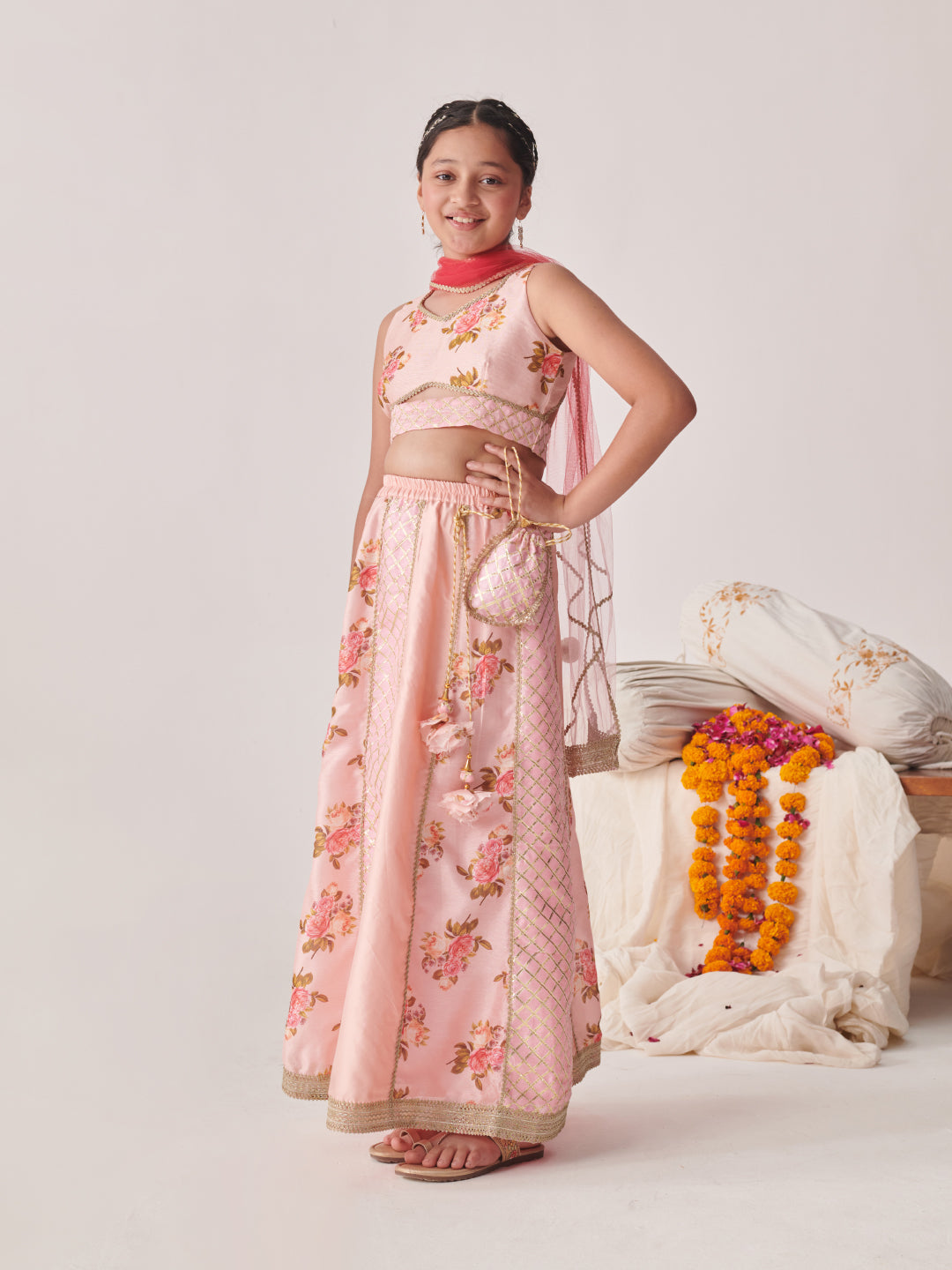 Girls Printed Ready To Wear Lehenga Blouse With Dupatta (L-PEACHDUPIONGOTA)