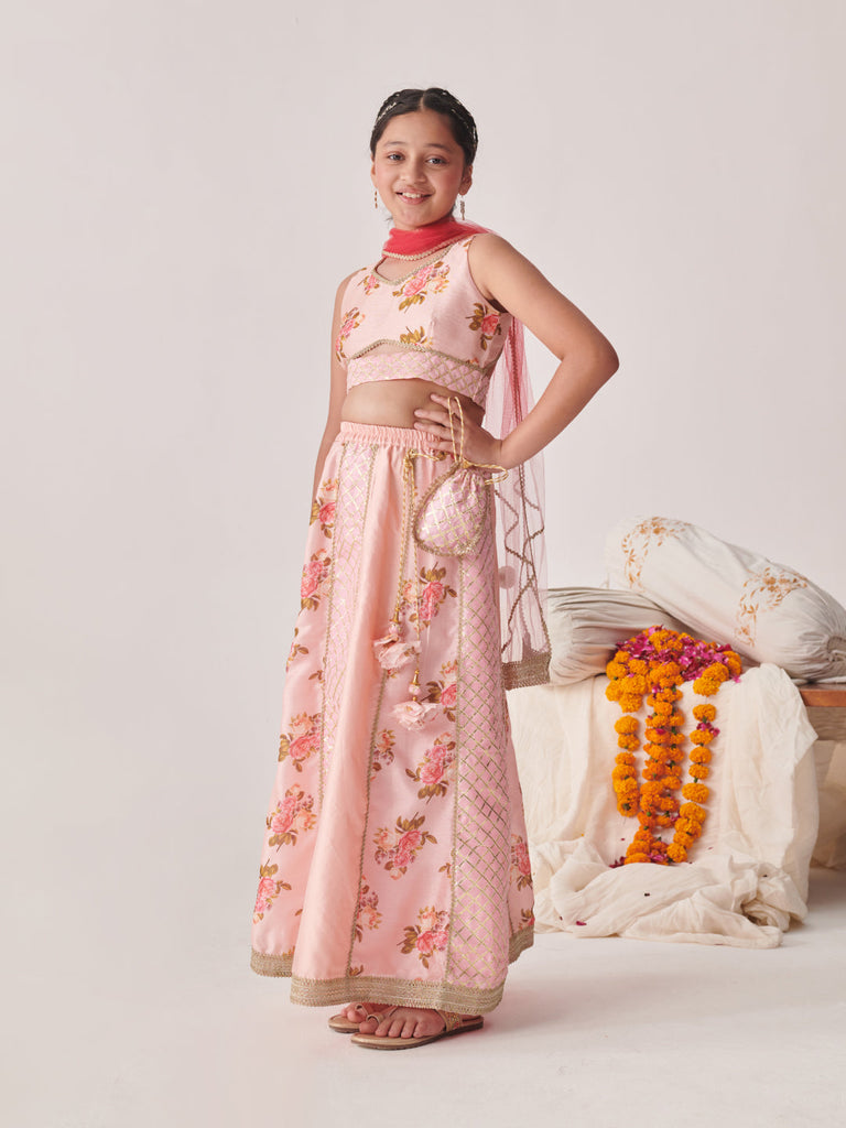 Girls Printed Ready To Wear Lehenga Blouse With Dupatta (L-PEACHDUPIONGOTA)