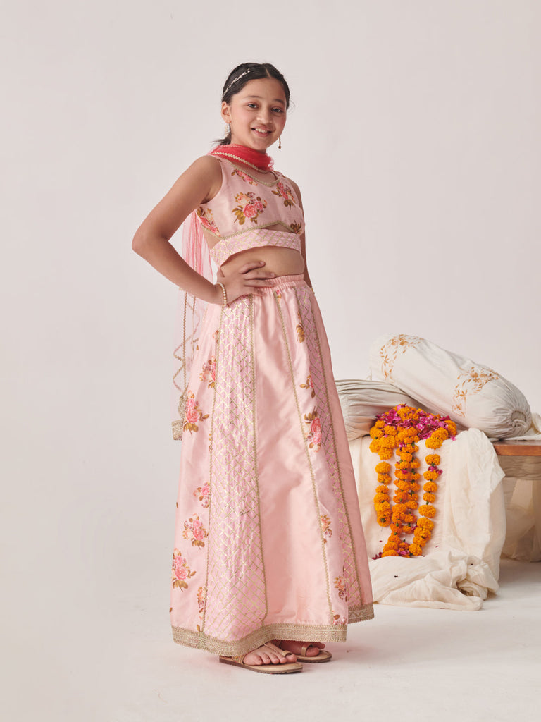 Girls Printed Ready To Wear Lehenga Blouse With Dupatta (L-PEACHDUPIONGOTA)