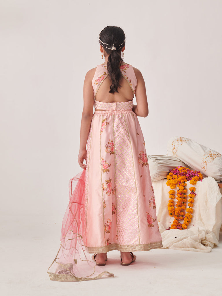 Girls Printed Ready To Wear Lehenga Blouse With Dupatta (L-PEACHDUPIONGOTA)