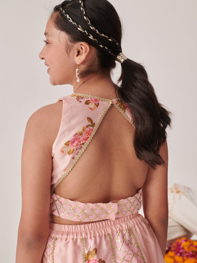 Girls Printed Ready To Wear Lehenga Blouse With Dupatta (L-PEACHDUPIONGOTA)