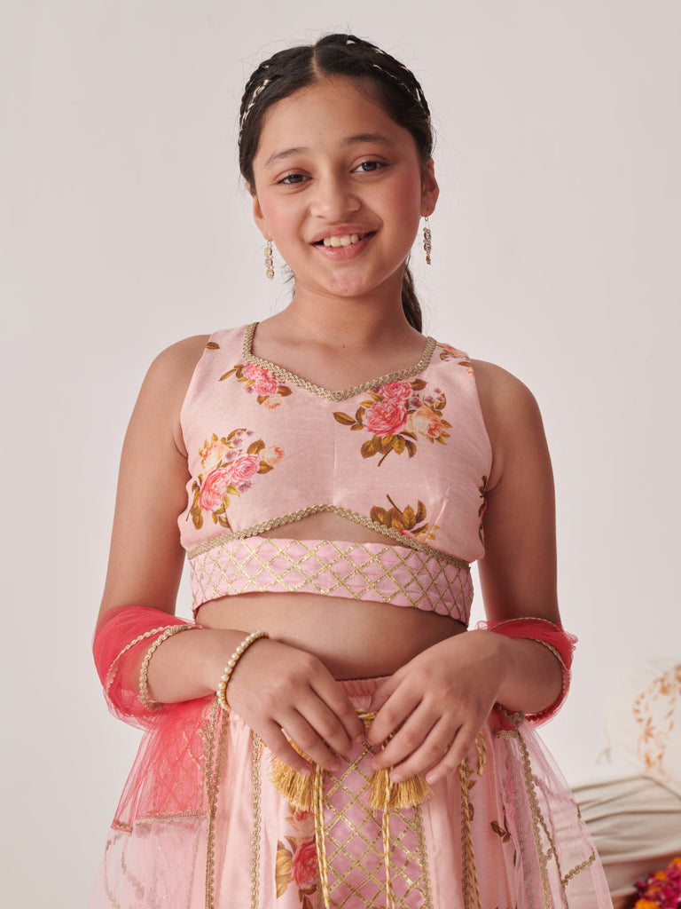 Girls Printed Ready To Wear Lehenga Blouse With Dupatta (L-PEACHDUPIONGOTA)