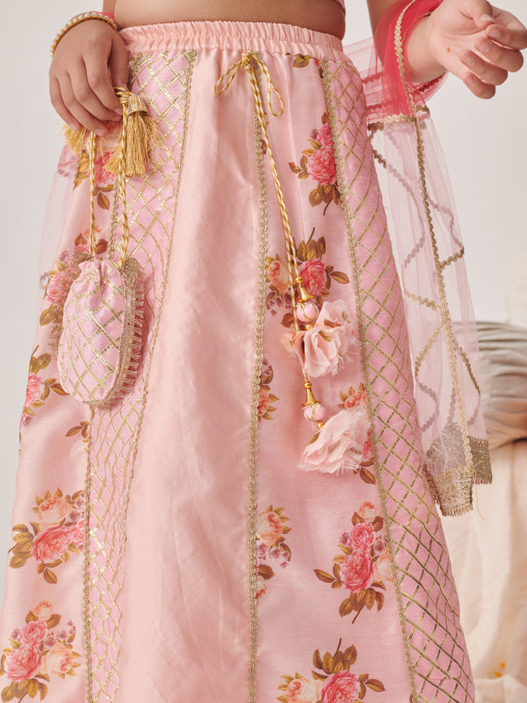 Girls Printed Ready To Wear Lehenga Blouse With Dupatta (L-PEACHDUPIONGOTA)