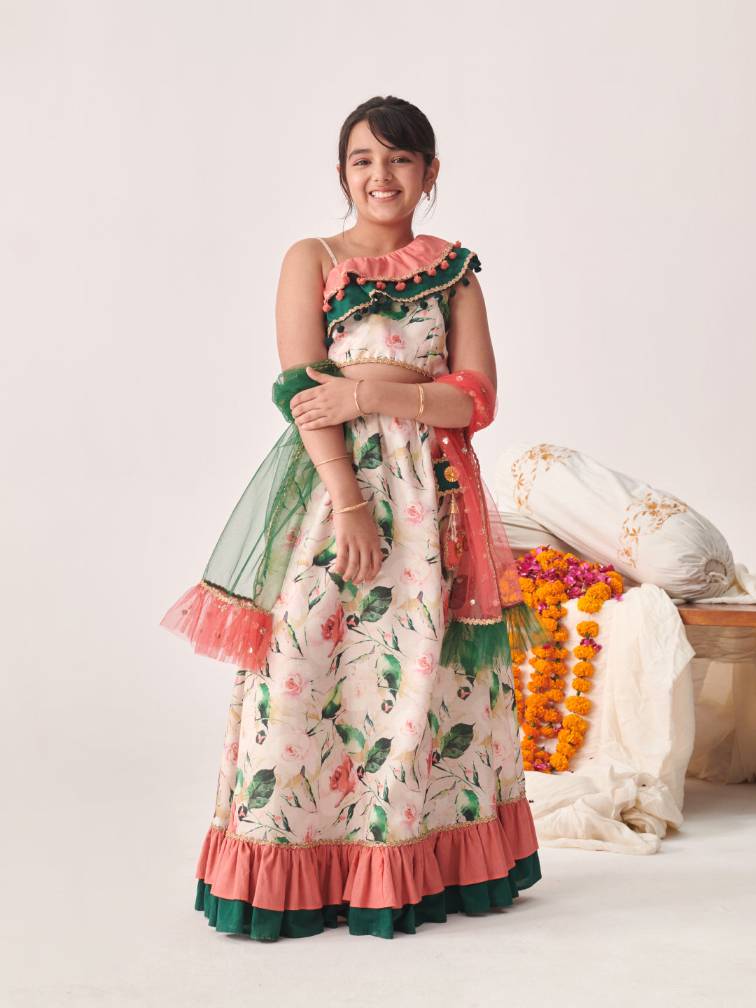 Girls Printed Thread Work Ready To Wear Lehenga Blouse With Dupatta (L-PEACHGREENFLARE)