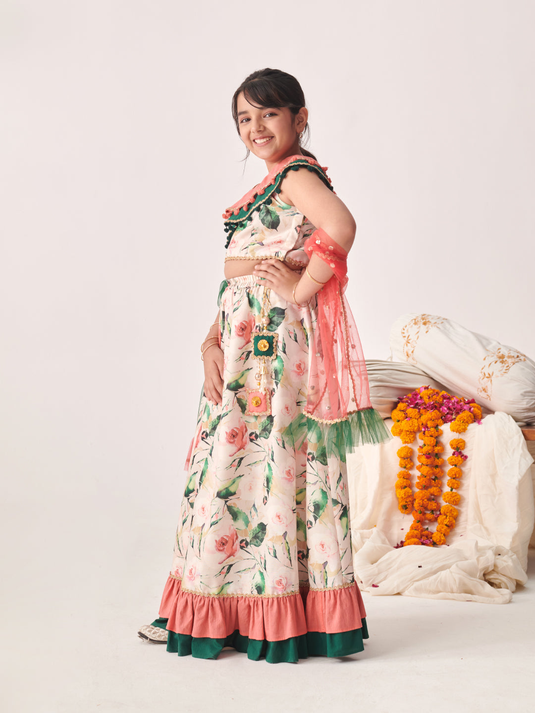 Girls Printed Thread Work Ready To Wear Lehenga Blouse With Dupatta (L-PEACHGREENFLARE)