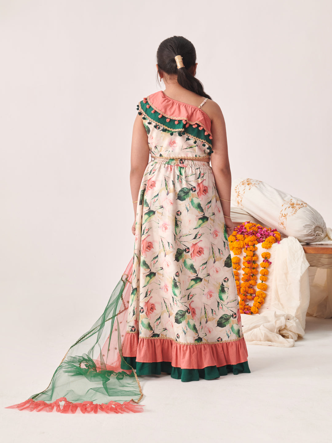Girls Printed Thread Work Ready To Wear Lehenga Blouse With Dupatta (L-PEACHGREENFLARE)