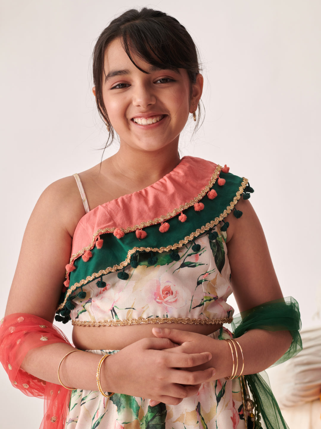 Girls Printed Thread Work Ready To Wear Lehenga Blouse With Dupatta (L-PEACHGREENFLARE)